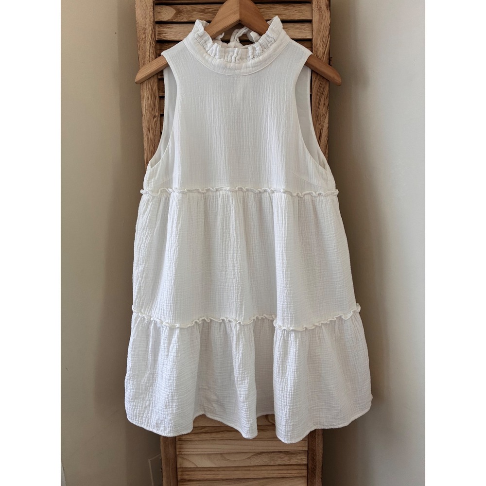 Pomander Place White Gauze Tiered Mini Dress Ruffle Neck Tie Back Sleeveless S